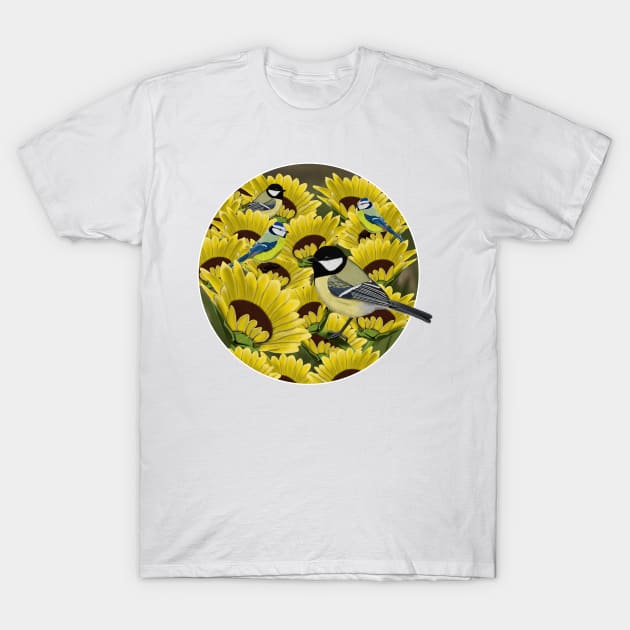 Titmice and Sunflowers Illustration T-Shirt by jzbirds